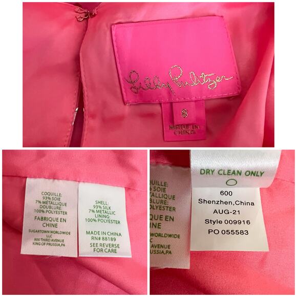 Lilly Pulitzer | Silk Chianna Coral Sands Pink Gold Polka Dot Puff Sleeve Dress - Picture 10 of 10